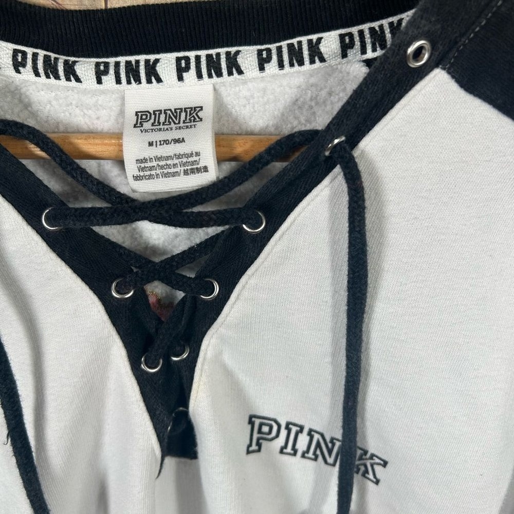 PINK Lace Up Medium Colorblock Sweatshirt Athleisure Rose Embroidered Hoodie - Picture 4 of 6